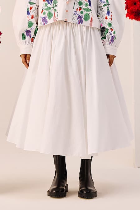 Therealb_White Cotton Embroidery Shawl Neck Floral Print Cropped Jacket And Skirt Set _Online_at_Aza_Fashions