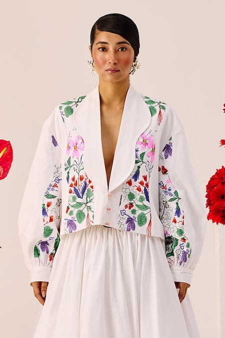 Buy_Therealb_White Cotton Embroidery Shawl Neck Floral Print Cropped Jacket And Skirt Set _Online_at_Aza_Fashions