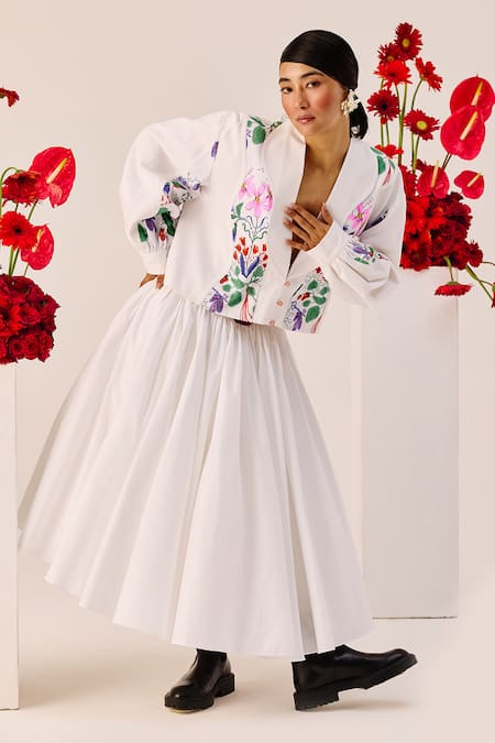 Shop_Therealb_White Cotton Embroidery Shawl Neck Floral Print Cropped Jacket And Skirt Set _Online_at_Aza_Fashions