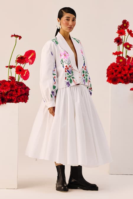Therealb_White Cotton Embroidery Shawl Neck Floral Print Cropped Jacket And Skirt Set _at_Aza_Fashions