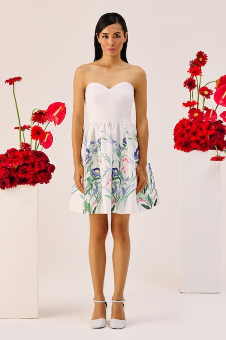 Therealb White Floral Linen Strapless Mini Dress 