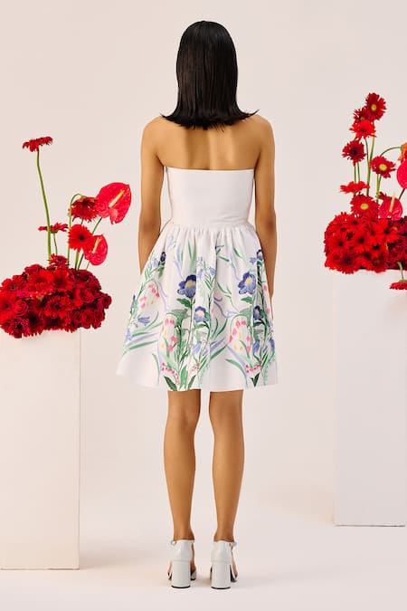 Therealb White Floral Linen Strapless Mini Dress 