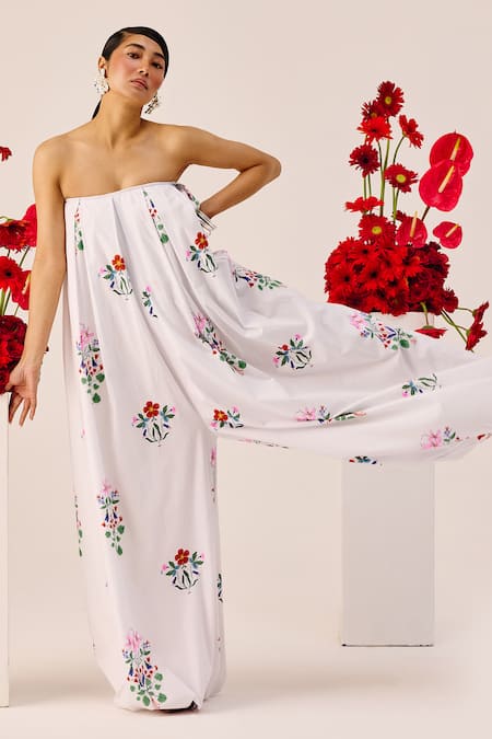 Therealb_White Cotton Bandeau Neck Floral Jumpsuit _Online_at_Aza_Fashions