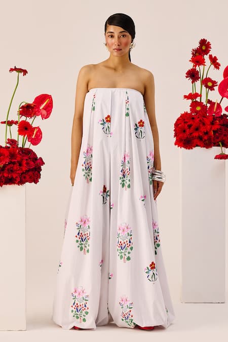 Therealb_White Cotton Bandeau Neck Floral Jumpsuit _at_Aza_Fashions