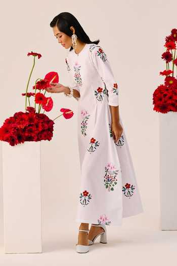 Therealb_White Cotton Embroidery Round , Keyhole Garden Maxi Dress _Online_at_Aza_Fashions