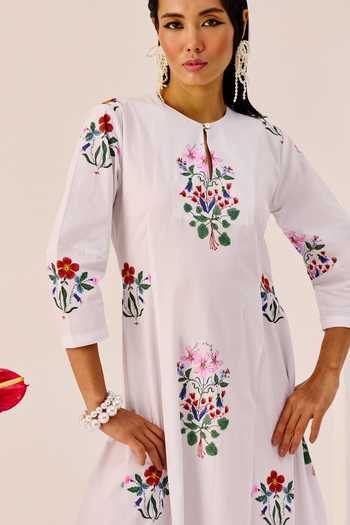 Therealb_White Cotton Embroidery Round , Keyhole Garden Maxi Dress _at_Aza_Fashions