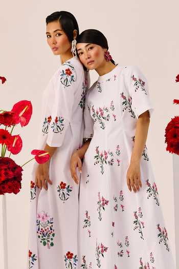 Shop_Therealb_White Cotton Embroidery Round , Keyhole Garden Maxi Dress 