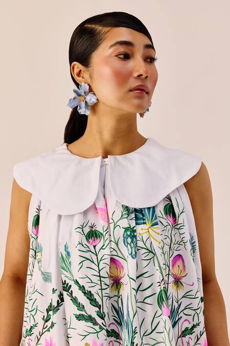 Shop Therealb White Linen Collared Botanical Print Dress Online at Aza Fashions Shop_Therealb_White Linen Collared Botanical Print Dress _Online_at_Aza_Fashions