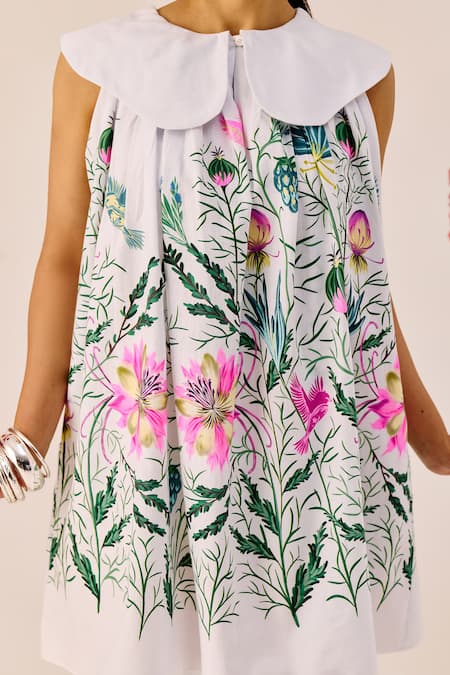 Buy Therealb White Linen Collared Botanical Print Dress Buy_Therealb_White Linen Collared Botanical Print Dress