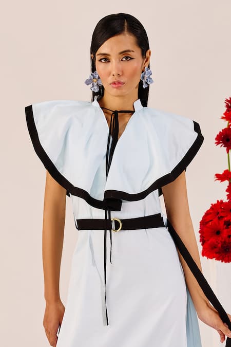 Therealb_Blue Cotton High Neck Light Ruffle Maxi Dress _Online_at_Aza_Fashions