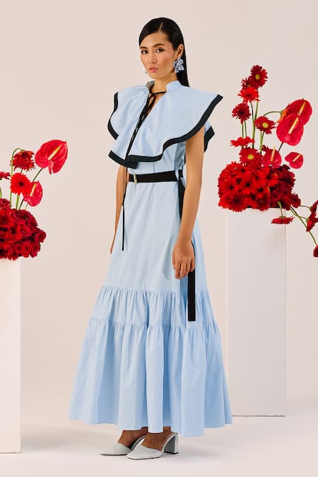 Buy_Therealb_Blue Cotton High Neck Light Ruffle Maxi Dress _Online_at_Aza_Fashions