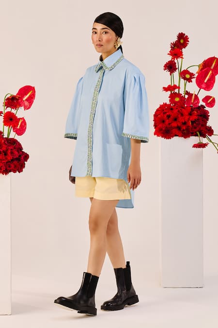 Therealb_Blue Cotton Embroidery Collared Oversized Shirt And Shorts Set _Online_at_Aza_Fashions