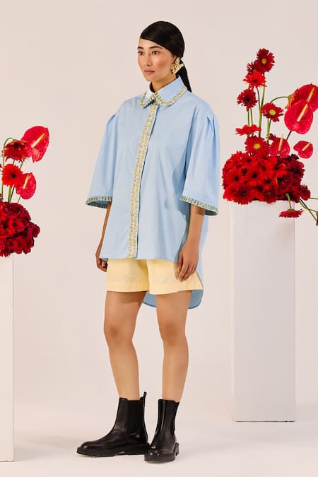 Buy_Therealb_Blue Cotton Embroidery Collared Oversized Shirt And Shorts Set _Online_at_Aza_Fashions