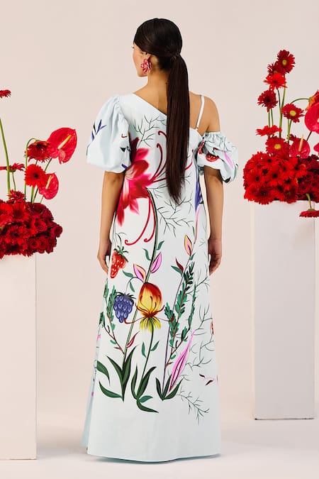 Therealb Ice Blue Floral Print Maxi Dress 