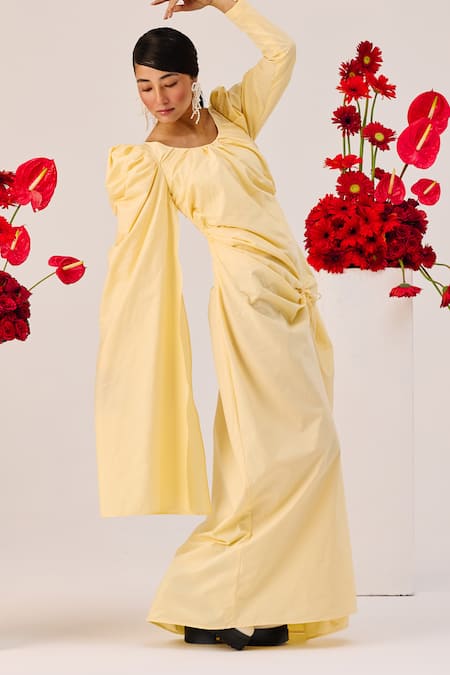 Buy_Therealb_Yellow Cotton Scoop Neck Ruched Gown _Online_at_Aza_Fashions