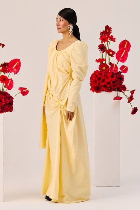Shop_Therealb_Yellow Cotton Scoop Neck Ruched Gown _Online_at_Aza_Fashions
