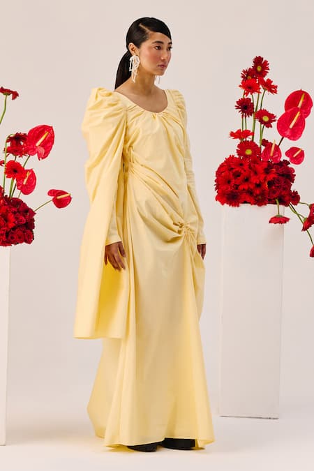 Therealb_Yellow Cotton Scoop Neck Ruched Gown _at_Aza_Fashions