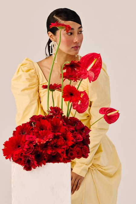 Buy_Therealb_Yellow Cotton Scoop Neck Ruched Gown 