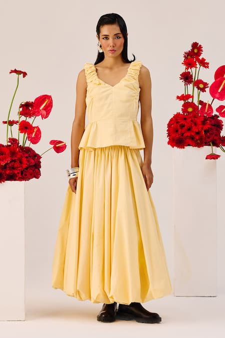 Therealb Yellow Ruffle Sleeveless Top With Maxi Skirt 