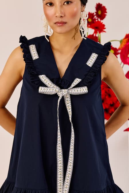 Therealb_Blue Cotton Ruffles, Bows V-neck Navy Mini Dress _Online_at_Aza_Fashions