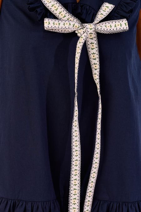 Shop_Therealb_Blue Cotton Ruffles, Bows V-neck Navy Mini Dress _Online_at_Aza_Fashions