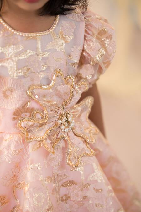 Shop_Ruchika Lath Label_Pink Tulle, Jacquard Embroidery, Fabric Flowers 3d Floral Hand Gown _Online_at_Aza_Fashions