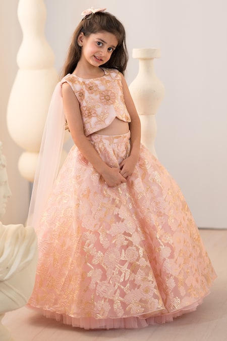 Buy_Ruchika Lath Label_Pink Tulle, Jacquard Crystals, Zari Embroidered Blouse And Lehenga Set _Online_at_Aza_Fashions