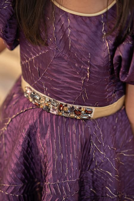 Ruchika Lath Label_Magenta Satin, Tulle Stones, Crystals Textured High Low Gown _Online_at_Aza_Fashions