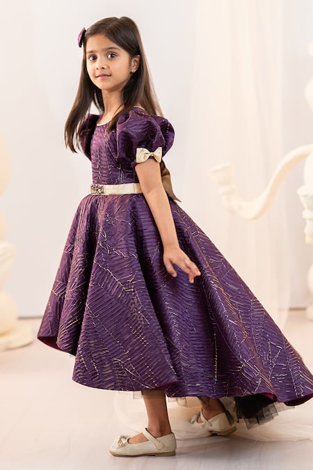 Buy_Ruchika Lath Label_Magenta Satin, Tulle Stones, Crystals Textured High Low Gown _Online_at_Aza_Fashions