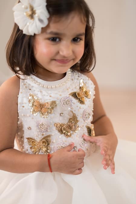 Ruchika Lath Label_Off White Organza, Satin Sequins, Applique Layered 3d Embroidered Gown _Online_at_Aza_Fashions