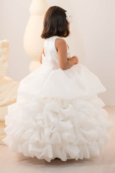 Shop_Ruchika Lath Label_Off White Organza, Satin Sequins, Applique Layered 3d Embroidered Gown _Online_at_Aza_Fashions