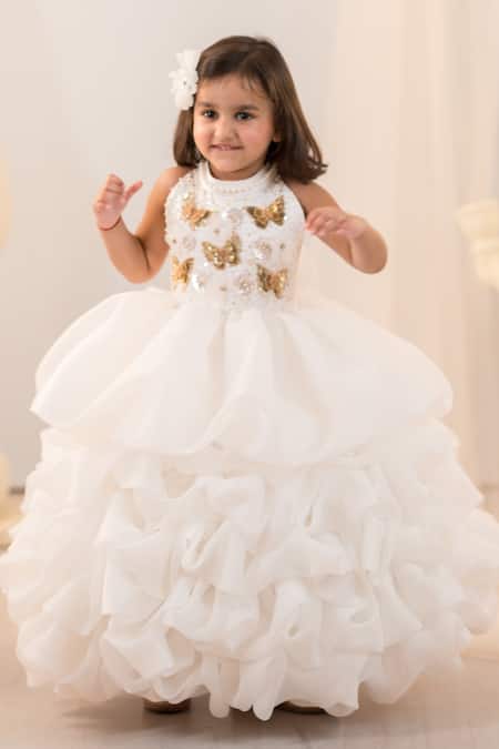 Ruchika Lath Label_Off White Organza, Satin Sequins, Applique Layered 3d Embroidered Gown _at_Aza_Fashions