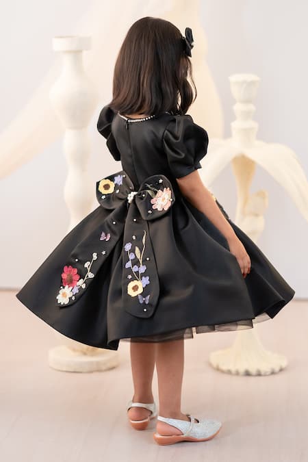 Ruchika Lath Label Black Satin Applique 3d Floral Work Dress Online at Aza Fashions Ruchika Lath Label_Black Satin Applique 3d Floral Work Dress _Online_at_Aza_Fashions