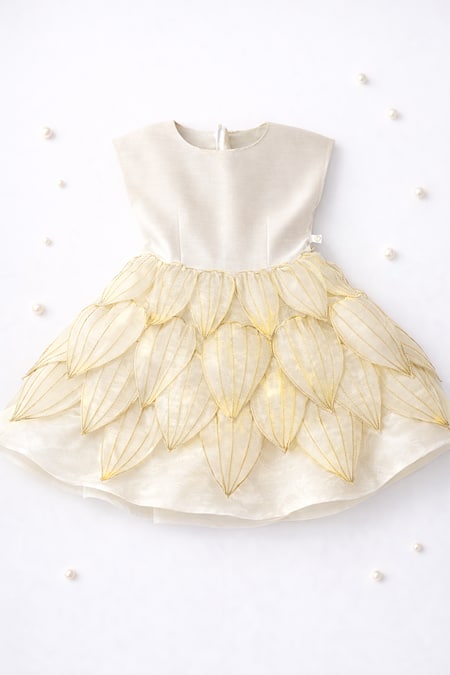 MI Dulce AN'YA_Gold Silk, Tissue Applique Layered Petal Embroidered Dress _Online_at_Aza_Fashions