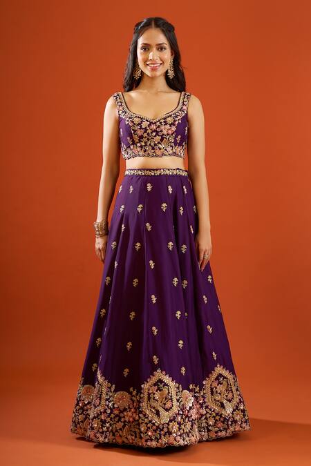Buy_Samyukta Singhania_Purple Georgette Sequins Sweetheart Neck Work Lehenga Set _Online_at_Aza_Fashions