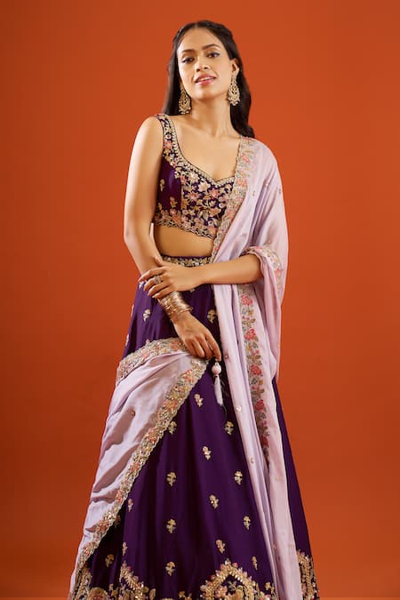 Shop_Samyukta Singhania_Purple Georgette Sequins Sweetheart Neck Work Lehenga Set _Online_at_Aza_Fashions