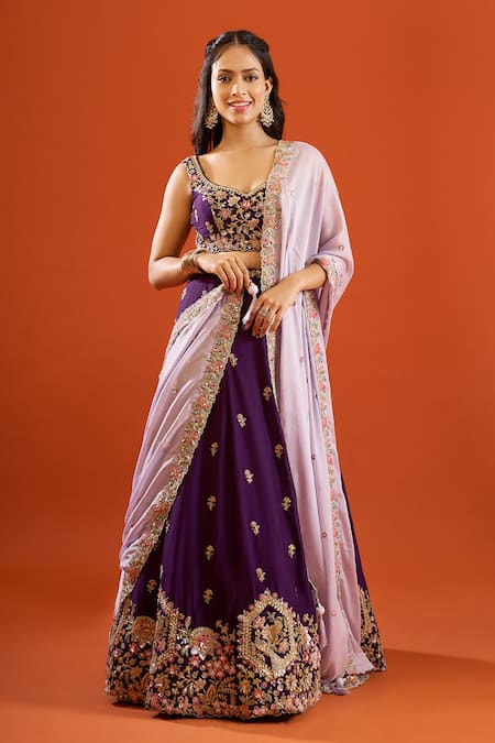 Samyukta Singhania_Purple Georgette Sequins Sweetheart Neck Work Lehenga Set _at_Aza_Fashions
