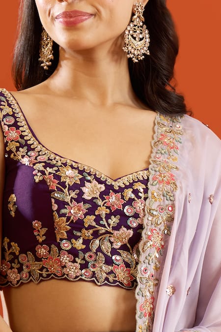 Shop_Samyukta Singhania_Purple Georgette Sequins Sweetheart Neck Work Lehenga Set 