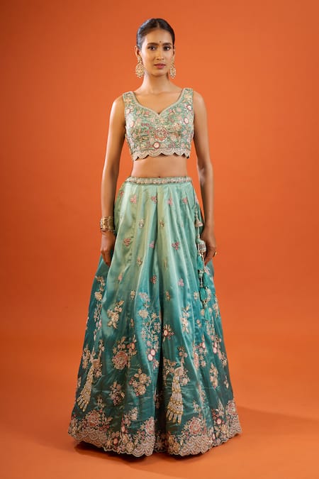 Buy_Samyukta Singhania_Green Tissue, Net Embroidery, Sequins V-neck Lehenga Set _Online_at_Aza_Fashions