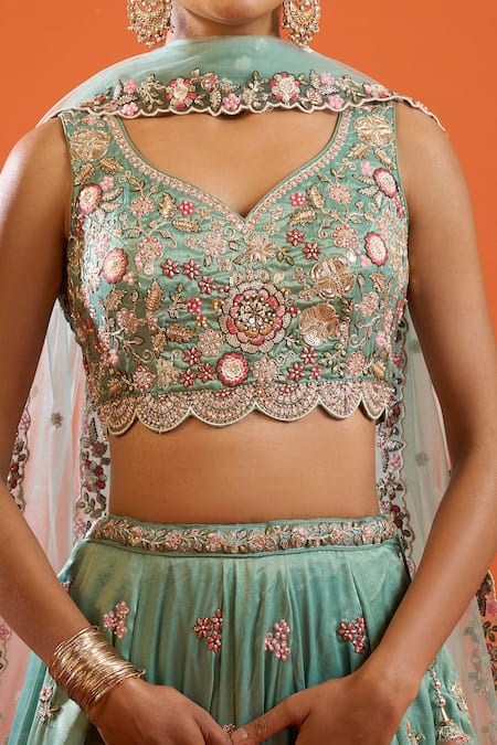 Shop_Samyukta Singhania_Green Tissue, Net Embroidery, Sequins V-neck Lehenga Set _Online_at_Aza_Fashions