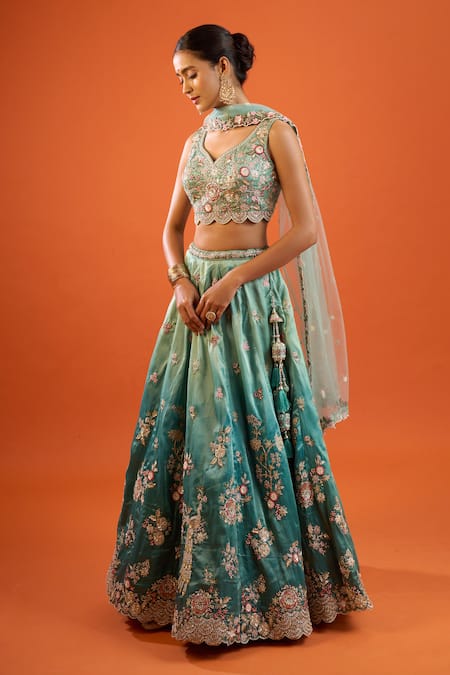 Shop_Samyukta Singhania_Green Tissue, Net Embroidery, Sequins V-neck Lehenga Set 