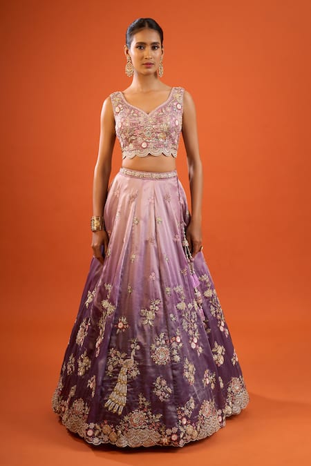 Shop Samyukta Singhania Purple Tissue, Net Embroidery, Sequins Sweetheart Neck Lehenga Set Online at Aza Fashions Shop_Samyukta Singhania_Purple Tissue, Net Embroidery, Sequins Sweetheart Neck Lehenga Set _Online_at_Aza_Fashions