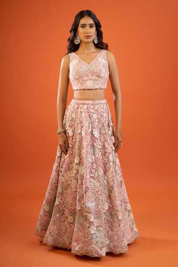 Buy Samyukta Singhania Pink Net Embroidery, Sequins V-neck Lehenga Set Online at Aza Fashions Buy_Samyukta Singhania_Pink Net Embroidery, Sequins V-neck Lehenga Set _Online_at_Aza_Fashions