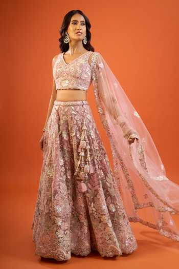 Shop Samyukta Singhania Pink Net Embroidery, Sequins V-neck Lehenga Set Online at Aza Fashions Shop_Samyukta Singhania_Pink Net Embroidery, Sequins V-neck Lehenga Set _Online_at_Aza_Fashions