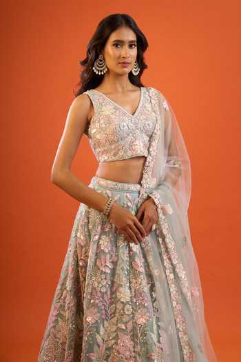 Buy Samyukta Singhania Pink Net Embroidery, Sequins V-neck Lehenga Set With Blouse And Dupatta Online at Aza Fashions Buy_Samyukta Singhania_Pink Net Embroidery, Sequins V-neck Lehenga Set With Blouse And Dupatta _Online_at_Aza_Fashions