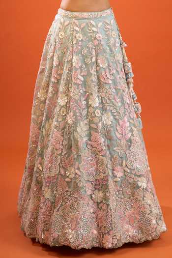 Shop Samyukta Singhania Pink Net Embroidery, Sequins V-neck Lehenga Set With Blouse And Dupatta Online at Aza Fashions Shop_Samyukta Singhania_Pink Net Embroidery, Sequins V-neck Lehenga Set With Blouse And Dupatta _Online_at_Aza_Fashions