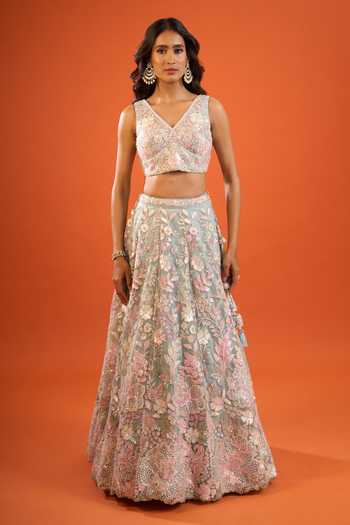 Samyukta Singhania Pink Net Embroidery, Sequins V-neck Lehenga Set With Blouse And Dupatta at Aza Fashions Samyukta Singhania_Pink Net Embroidery, Sequins V-neck Lehenga Set With Blouse And Dupatta _at_Aza_Fashions