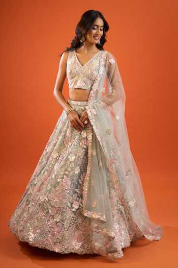 Buy Samyukta Singhania Pink Net Embroidery, Sequins V-neck Lehenga Set With Blouse And Dupatta Buy_Samyukta Singhania_Pink Net Embroidery, Sequins V-neck Lehenga Set With Blouse And Dupatta