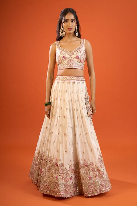 Shop_Samyukta Singhania_Cream Tissue Sequins, Zari, Stones, Embroidery, Tassels Paisley Lehenga Set _Online_at_Aza_Fashions