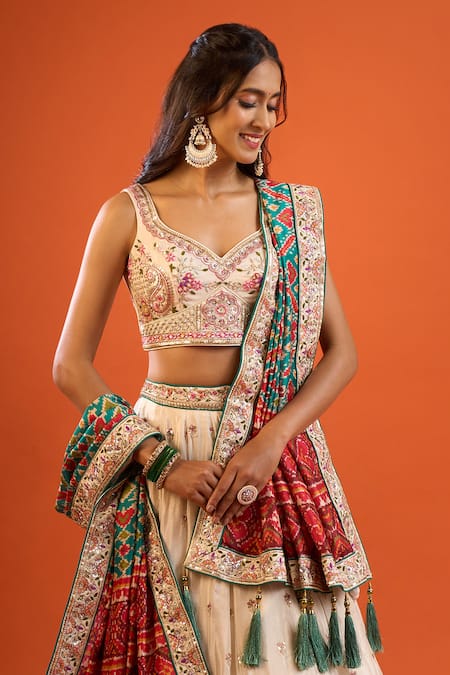 Samyukta Singhania Cream Tissue Embroidery, Sequins, Tassels V-neck Lehenga Set at Aza Fashions Samyukta Singhania_Cream Tissue Embroidery, Sequins, Tassels V-neck Lehenga Set _at_Aza_Fashions